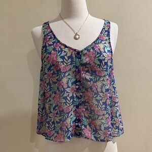 Forever 21 Navy Floral V-Neck Tank with Pink Flowers